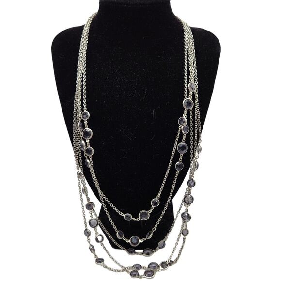 Costume Jewelry Necklace Multi Silver Metal Strand Chains with Gray Beads 23" - Picture 1 of 6
